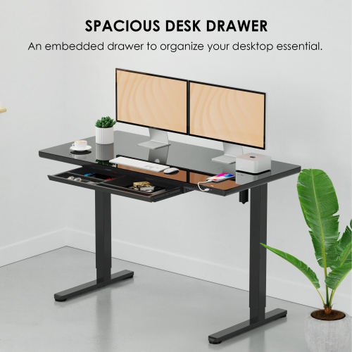Electric Height Adjustable Standing Desk with Tempered Glass Top, 47.2"x23.6" Ergonomic Sit-Stand Desk with Drawer, Supports 110lbs