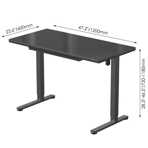 Electric Height Adjustable Standing Desk with Tempered Glass Top, 47.2"x23.6" Ergonomic Sit-Stand Desk with Drawer, Supports 110lbs