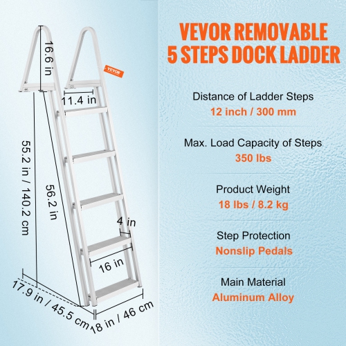 VEVOR Removable Dock Ladder 5 Steps, 350 lbs Load Capacity, Pontoon Boat Ladder with 4'' Wide Step & Nonslip Design for Ship/Lake/Pool/Marine Boarding