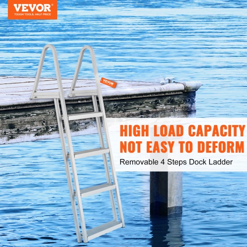 VEVOR Dock Ladder, Removable 4 Steps, 350 lbs Load Capacity, Aluminum Alloy Pontoon Boat Ladder with 4'' Wide Step & Nonslip Mat, Easy to Install for