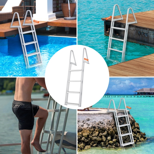 VEVOR Dock Ladder, Removable 4 Steps, 350 lbs Load Capacity, Aluminum Alloy Pontoon Boat Ladder with 4'' Wide Step & Nonslip Mat, Easy to Install for