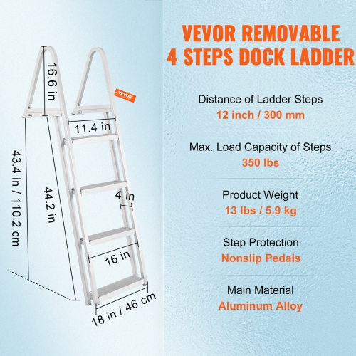 VEVOR Dock Ladder, Removable 4 Steps, 350 lbs Load Capacity, Aluminum Alloy Pontoon Boat Ladder with 4'' Wide Step & Nonslip Mat, Easy to Install for