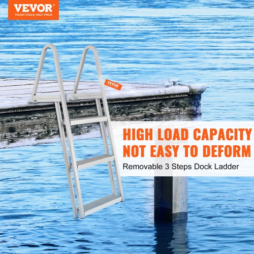 VEVOR Dock Ladder, Removable 3 Steps, 350 lbs Load Capacity, Aluminum Alloy Pontoon Boat Ladder with 4'' Wide Step & Nonslip Mat, Easy to Install for