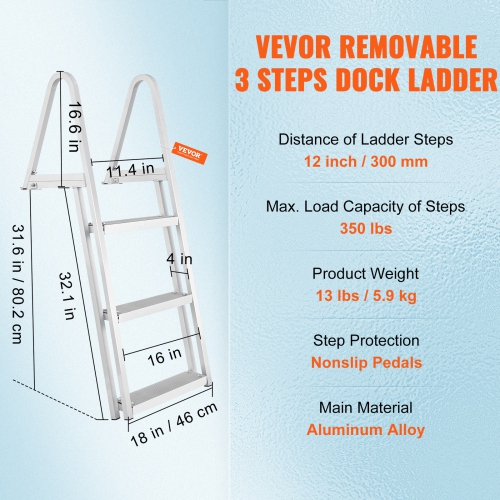 VEVOR Dock Ladder, Removable 3 Steps, 350 lbs Load Capacity, Aluminum Alloy Pontoon Boat Ladder with 4'' Wide Step & Nonslip Mat, Easy to Install for