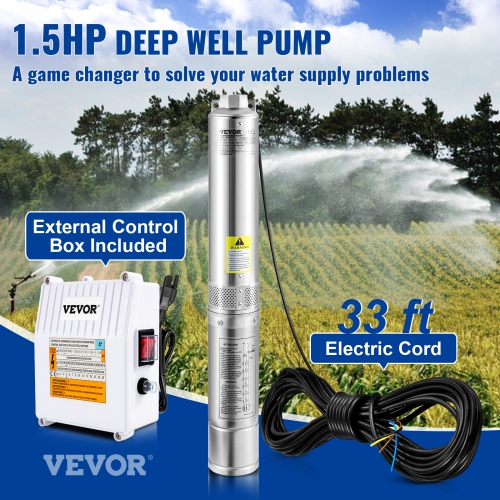 VEVOR Deep Well Submersible Pump, 1.5HP 115V/60Hz, 37gpm 276ft Head, with 33ft Cord & External Control Box, 4" Stainless Steel Water Pump for