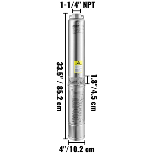 VEVOR Deep Well Submersible Pump, 1.5HP 115V/60Hz, 37gpm 276ft Head, with 33ft Cord & External Control Box, 4" Stainless Steel Water Pump for