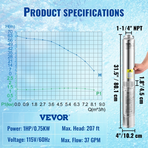 VEVOR Deep Well Submersible Pump, 1HP 115V/60Hz, 37gpm Flow 207ft Head, with 33ft Electric Cord, 4\" Stainless Steel Water Pump for Industrial,