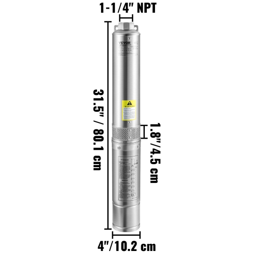 VEVOR Deep Well Submersible Pump, 1HP 115V/60Hz, 37gpm Flow 207ft Head, with 33ft Electric Cord, 4\" Stainless Steel Water Pump for Industrial,