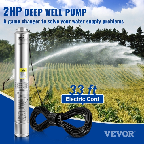 VEVOR Deep Well Submersible Pump, 2HP/1500W 230V/60Hz, 37GPM Flow 427 ft Head, with 33 ft Electric Cord, 4 inch Stainless Steel Water Pumps for