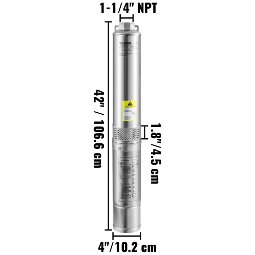 VEVOR Deep Well Submersible Pump, 2HP/1500W 230V/60Hz, 37GPM Flow 427 ft Head, with 33 ft Electric Cord, 4 inch Stainless Steel Water Pumps for