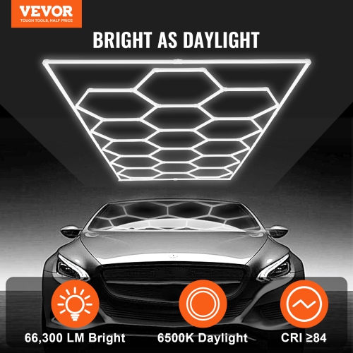 VEVOR 66300LM Hexagon Garage Lights, 6500K 15 Grid Systems Honeycomb Hexagonal Garage LED Lights, DIY Cool White Car Detailing Garage Ceiling