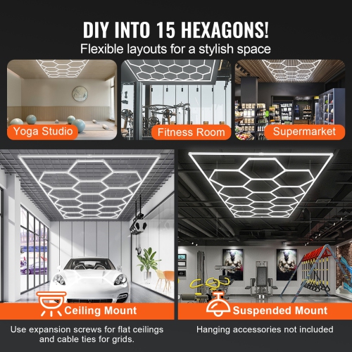 VEVOR 66300LM Hexagon Garage Lights, 6500K 15 Grid Systems Honeycomb Hexagonal Garage LED Lights, DIY Cool White Car Detailing Garage Ceiling