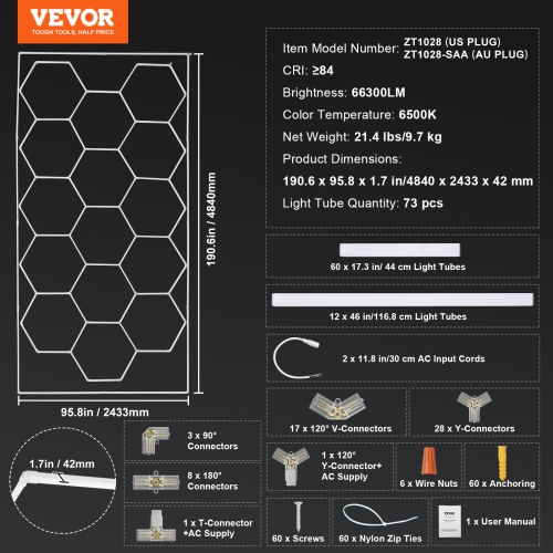 VEVOR 66300LM Hexagon Garage Lights, 6500K 15 Grid Systems Honeycomb Hexagonal Garage LED Lights, DIY Cool White Car Detailing Garage Ceiling