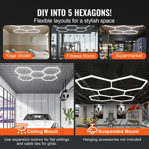 VEVOR 26400LM Hexagon Garage Lights, 6500K 5 Grid Systems Honeycomb Hexagonal Garage LED Lights, DIY Cool White Car Detailing Garage Ceiling Lighting