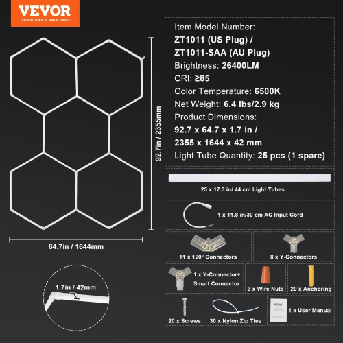 VEVOR 26400LM Hexagon Garage Lights, 6500K 5 Grid Systems Honeycomb Hexagonal Garage LED Lights, DIY Cool White Car Detailing Garage Ceiling Lighting