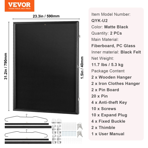 VEVOR 23.3x31.2x1.5 in 2PCs Jersey Display Frame Case, Large Lockable Sport Jersey Shadow Box with 98% UV Protection PC Glass and Hangers, for