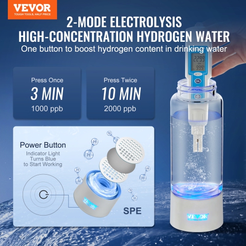 VEVOR 380 ml / 13.4 oz Hydrogen Water Bottle Generator, Hydrogen Water Maker, SPE Technology Hydrogen Rich Water Ionizer Machine with Nasal