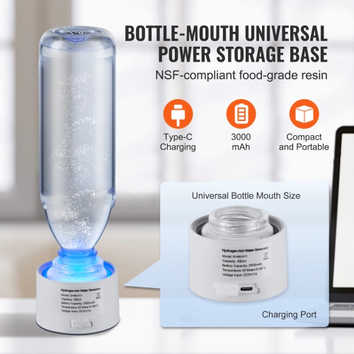 VEVOR 380 ml / 13.4 oz Hydrogen Water Bottle Generator, Hydrogen Water Maker, SPE Technology Hydrogen Rich Water Ionizer Machine with Nasal