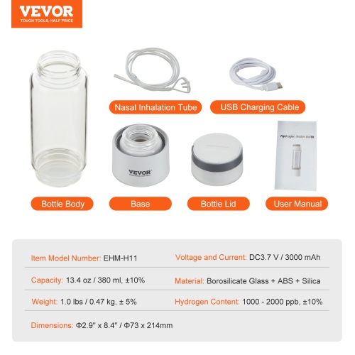 VEVOR 380 ml / 13.4 oz Hydrogen Water Bottle Generator, Hydrogen Water Maker, SPE Technology Hydrogen Rich Water Ionizer Machine with Nasal