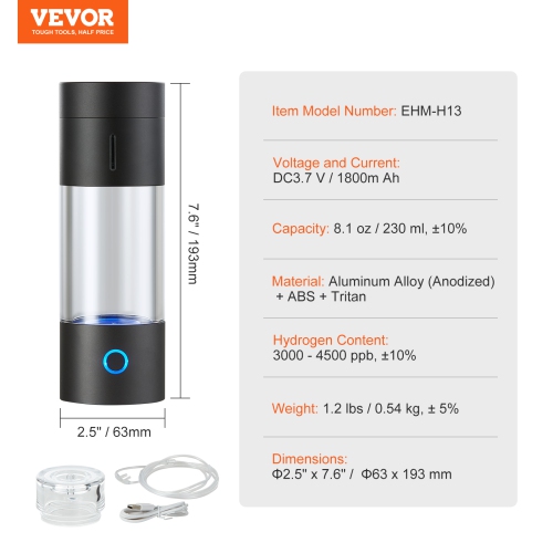 VEVOR 230 ml / 8.1 oz Hydrogen Water Bottle Generator,Portable Hydrogen Water Maker, SPE Technology Hydrogen Rich Water Ionizer Machine with Nasal