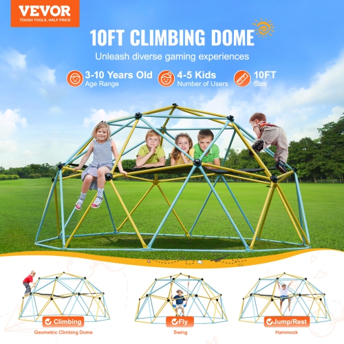 VEVOR Climbing Dome, for Kids 3 to 10 Years Old,10FT Geometric Dome Climber with Hammock and Swing, Jungle Gym Supports 750LBS, with Climbing Grip,