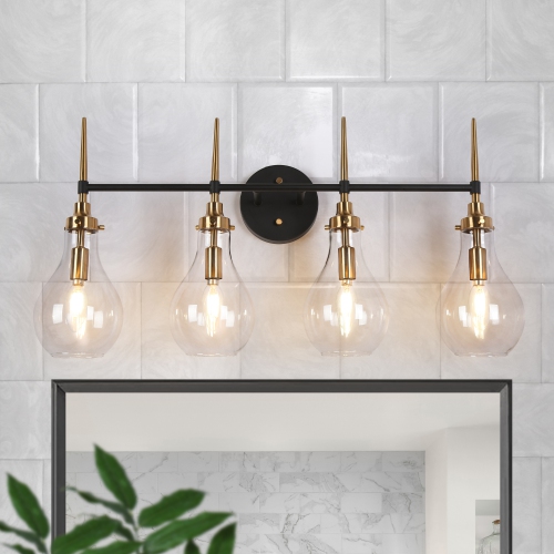Uolfin 28.3-in 4-Light Black and Brass Gold with Clear Teardrop Glass Shade Modern/contemporary Bathroom Vanity light