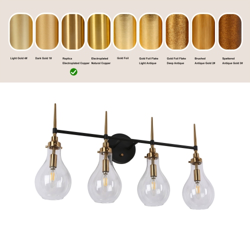 Uolfin 28.3-in 4-Light Black and Brass Gold with Clear Teardrop Glass Shade Modern/contemporary Bathroom Vanity light