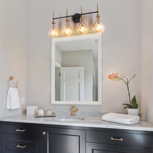 Uolfin 28.3-in 4-Light Black and Brass Gold with Clear Teardrop Glass Shade Modern/contemporary Bathroom Vanity light