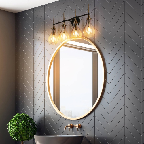 Uolfin 28.3-in 4-Light Black and Brass Gold with Clear Teardrop Glass Shade Modern/contemporary Bathroom Vanity light