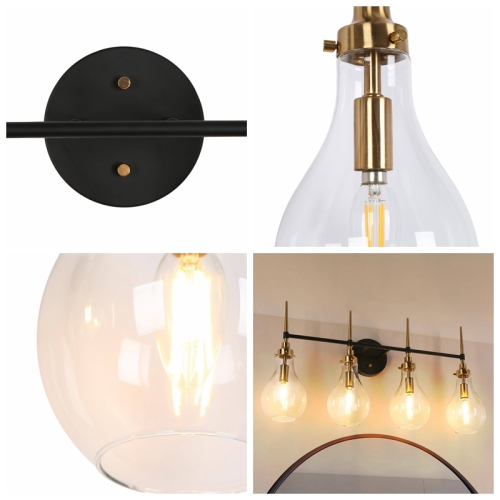 Uolfin 28.3-in 4-Light Black and Brass Gold with Clear Teardrop Glass Shade Modern/contemporary Bathroom Vanity light