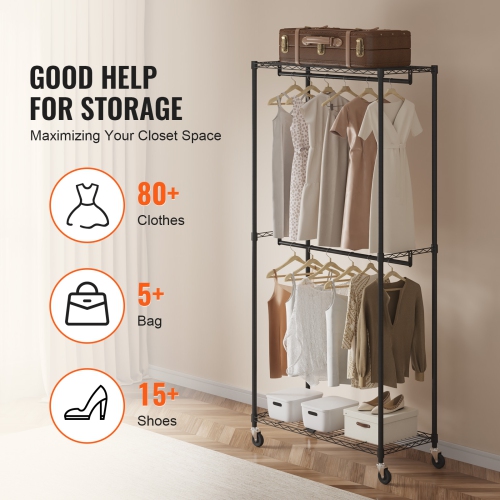 VEVOR 1'' Diameter Heavy Duty Clothes Rack, Double Hanging Rods Clothing Garment Rack with Bottom and Top Storage Tier, Rolling Clothing Rack for