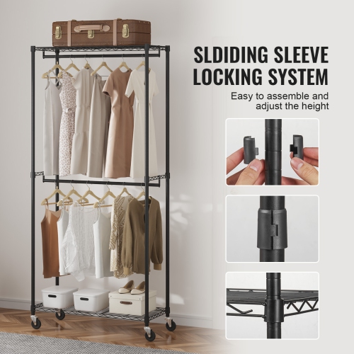 VEVOR 1'' Diameter Heavy Duty Clothes Rack, Double Hanging Rods Clothing Garment Rack with Bottom and Top Storage Tier, Rolling Clothing Rack for
