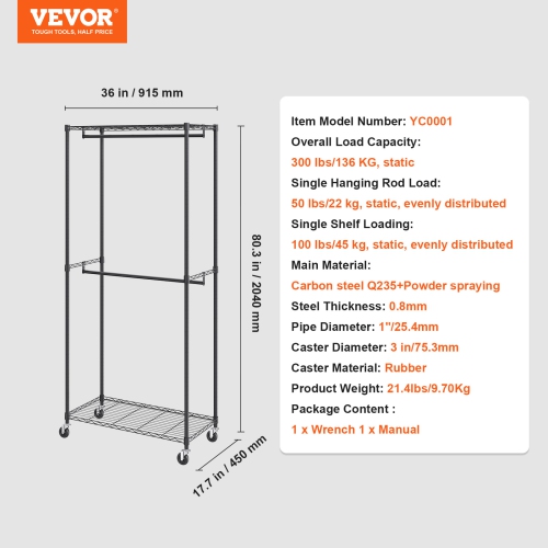 VEVOR 1'' Diameter Heavy Duty Clothes Rack, Double Hanging Rods Clothing Garment Rack with Bottom and Top Storage Tier, Rolling Clothing Rack for