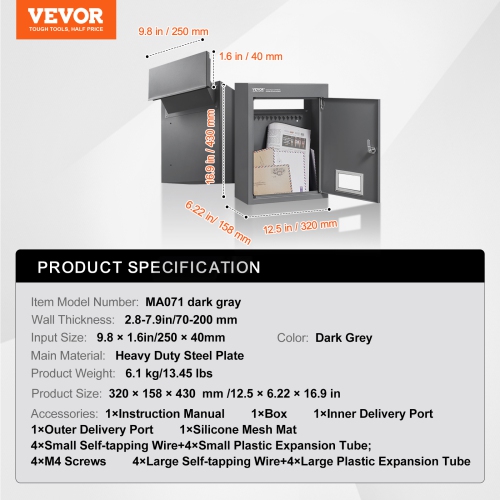 VEVOR 12.5x6.3x16.9 Through The Wall Drop Box, Heavy Duty Steel Through The Wall Mailbox with 2.8-7.9" 13" Combination Lock, Mail Drop Box, Dark Gray