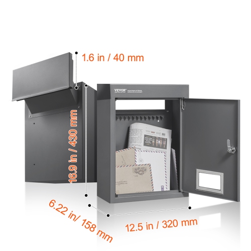 VEVOR 12.5x6.3x16.9 Through The Wall Drop Box, Heavy Duty Steel Through The Wall Mailbox with 2.8-7.9" 13" Combination Lock, Mail Drop Box, Dark Gray