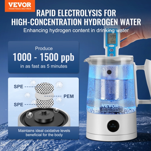 VEVOR 1.5 L / 52.8 oz Hydrogen Water Pitcher Generator, Hydrogen Generator Water Kettle, SPE and PEM Technology, Hydrogen Rich Water Ionizer Machine