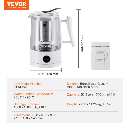 VEVOR 1.5 L / 52.8 oz Hydrogen Water Pitcher Generator, Hydrogen Generator Water Kettle, SPE and PEM Technology, Hydrogen Rich Water Ionizer Machine