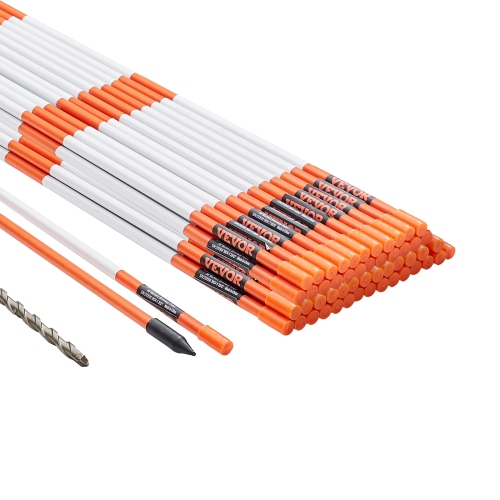VEVOR 50 PCS 48 inch Driveway Markers, 0.31 inch Diameter, Orange Fiberglass Poles Snow Stakes with Reflective Tape, 12" Steel Drill Bit & Protection