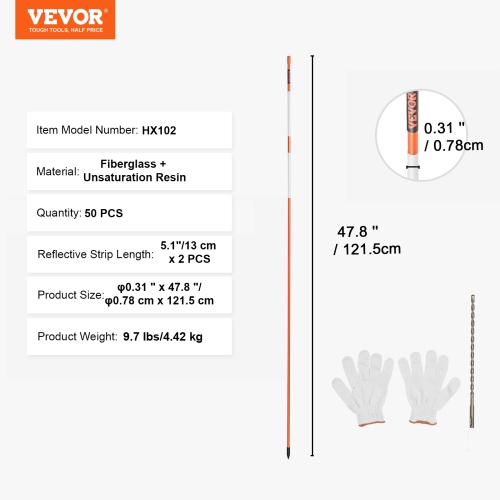 VEVOR 50 PCS 48 inch Driveway Markers, 0.31 inch Diameter, Orange Fiberglass Poles Snow Stakes with Reflective Tape, 12" Steel Drill Bit & Protection