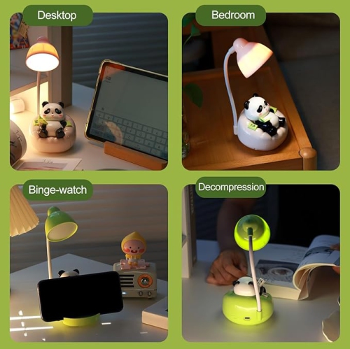 Desk Lamp for Kids Panda Night Light LED Desk Lamp USB Rechargeable Reading Lamp with Drawer Dimmable Panda Table Lamp for Kids' Room Bedroom Green