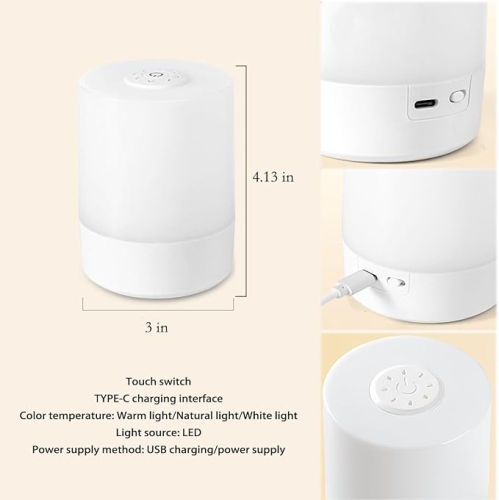 Touch Bedside Table Lamp,Changing Dimmable Table Lamp,Night Light for Kids,3 Colors LED Lamp with Warm White Lights,USB Rechargeable