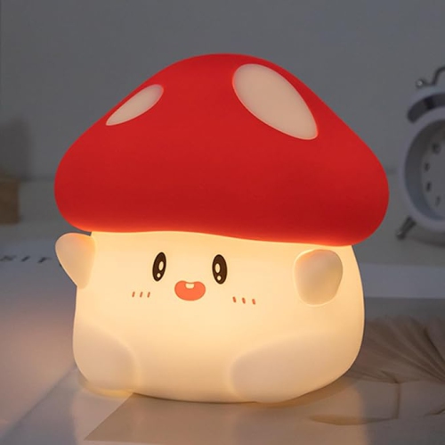 HTUTWOO  Cute Mushroom Lamp - 2 Levels Dimmable Mushroom Night Light With Timer, Rechargeable Kids Night Light for Baby Nursery (Red)