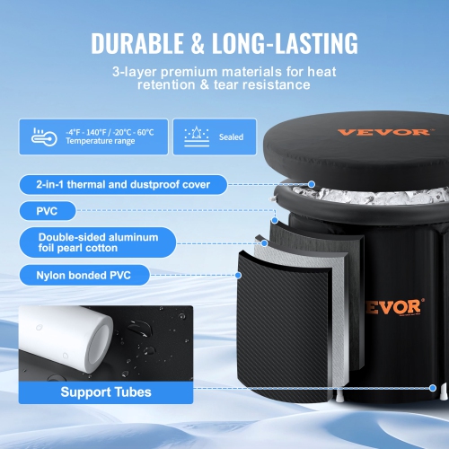 VEVOR 35.4"Lx30"H Ice Bath Tub, Cold Water Therapy Plunge Tub for Athlete, Portable Outdoor Ice Barrel Plunge Pool for Recovery, 98 Gal Inflatable