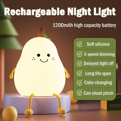 Veilleuse pour enfants&nbsp;: adorable lampe en silicone en forme de poire pour bébé, lampe Fruit LampLight pour garçons et filles, veilleuse