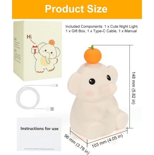 LED Elephant Night Light, Cute Squishy Elephant Lamp for Baby Nursery, Rechargeable Dimmable Kids Lamps for Bedrooms Boys Girls