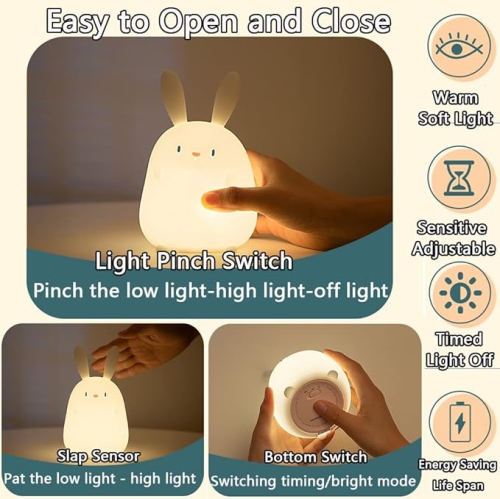 Night Light for Kids,Cute Silicone Nursery Bunny Lamp for Baby and Toddler,Animal NightLight for Bedroom,Kawaii Bedside Lamp for Kids Room