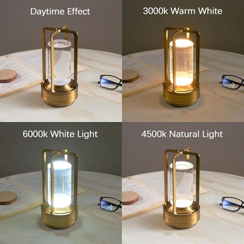 Cordless LED Touch Desk Lamp,2600mAh Battery Powered Crystal Lantern Lamp,3-Colour Dimmable Bedside Lamp for Restaurant Bedroom Bar(Black)