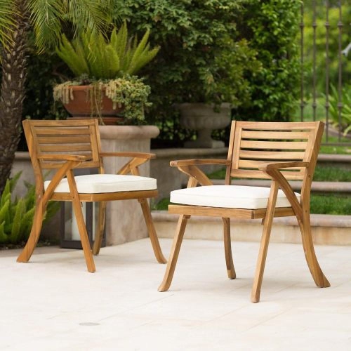 YOULIGHTS  Acacia Wood Outdoor Dining Chairs With Cushions, Patio Wooden Armchairs, Set Of 2 Natural Teak Dining Chairs for Deck, Patio, Porch