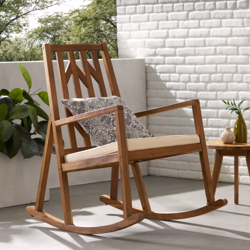 YOULIGHTS Acacia Wood Rocking Chair, Poly Rattan Chair with 5cm Cushion, Comes with Long Rocker for Porch, Backyard and Outdoor.