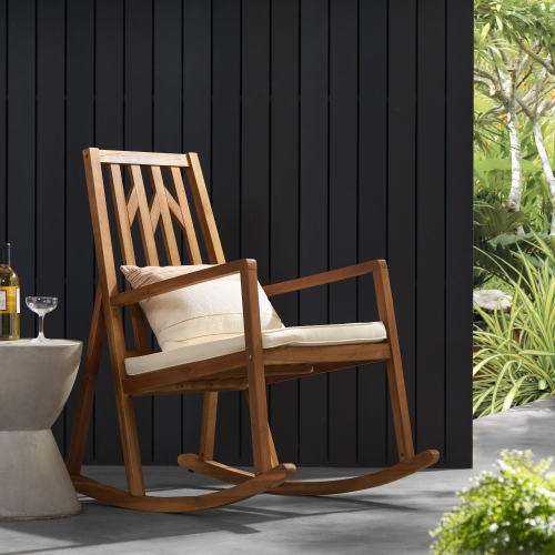 YOULIGHTS Acacia Wood Rocking Chair, Poly Rattan Chair with 5cm Cushion, Comes with Long Rocker for Porch, Backyard and Outdoor.